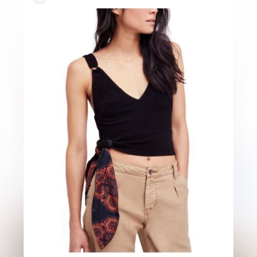 Free People Paisley Tie Hem Crop Top Sleeveless Womens Large Black